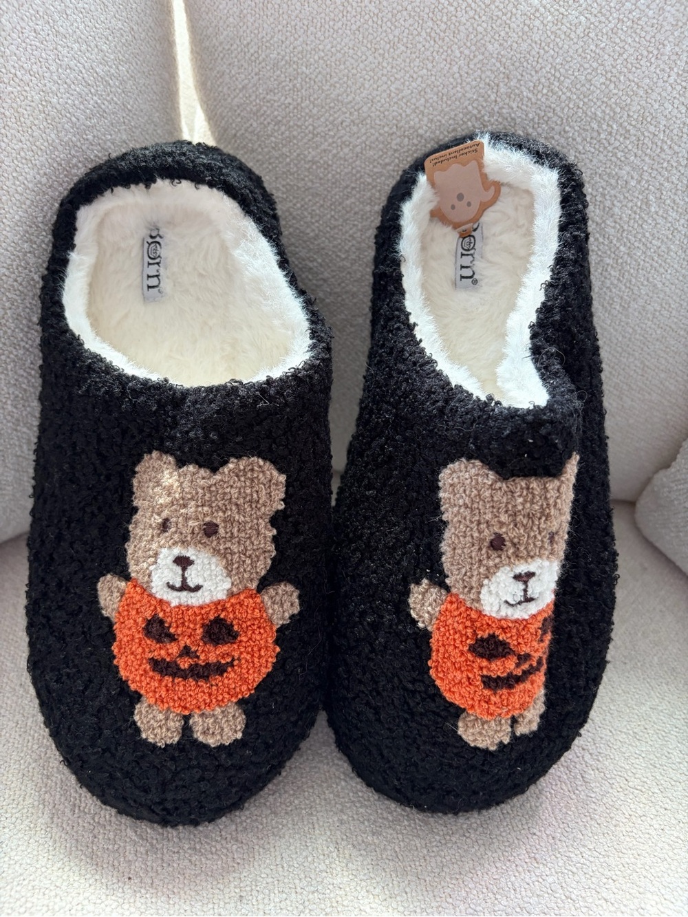 Born Black Plush Teddy Slippers with Orange Pumpkin Detail